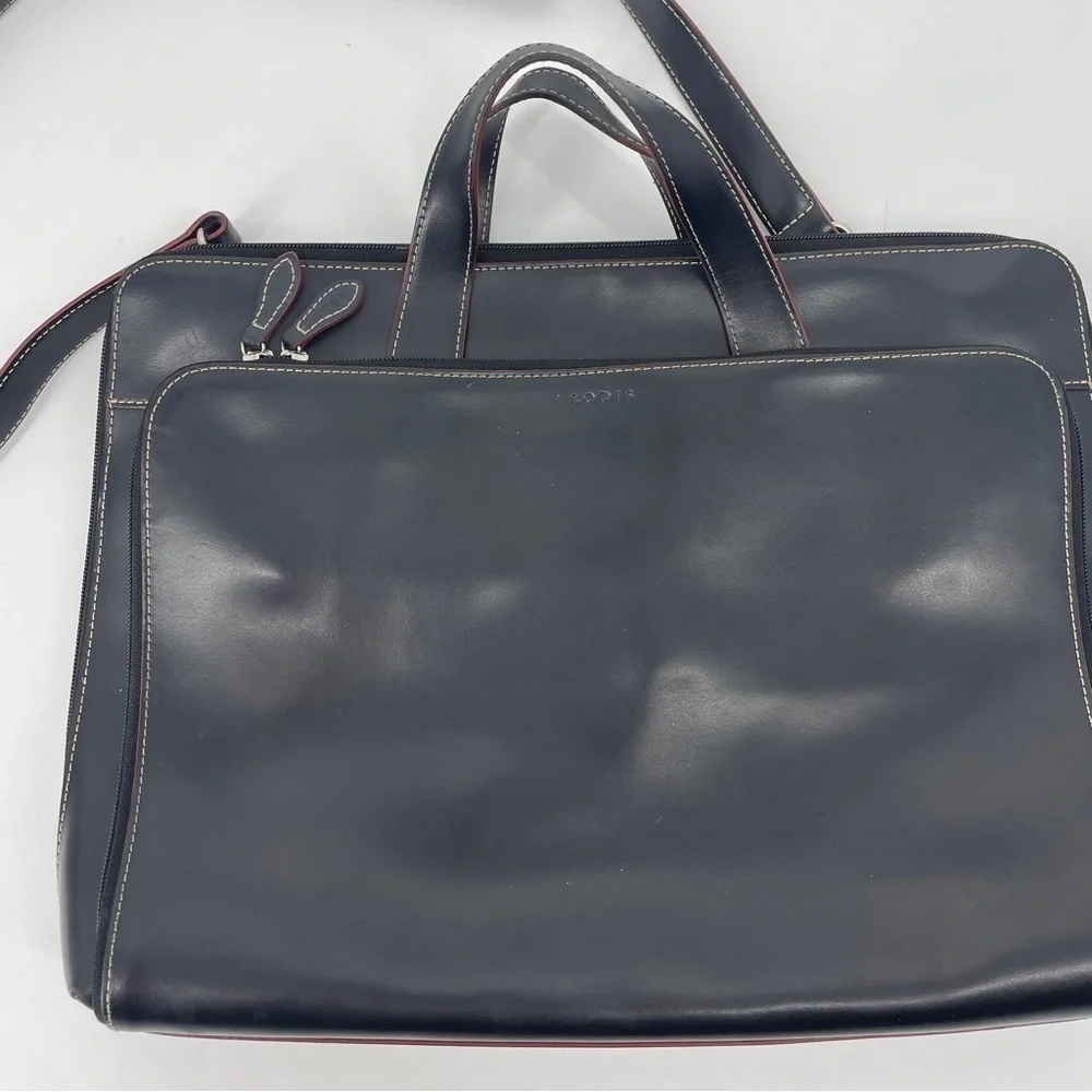 Lodis Laptop Bag Black Leather Red Trim Shoulder Strap Briefcase Career Pockets